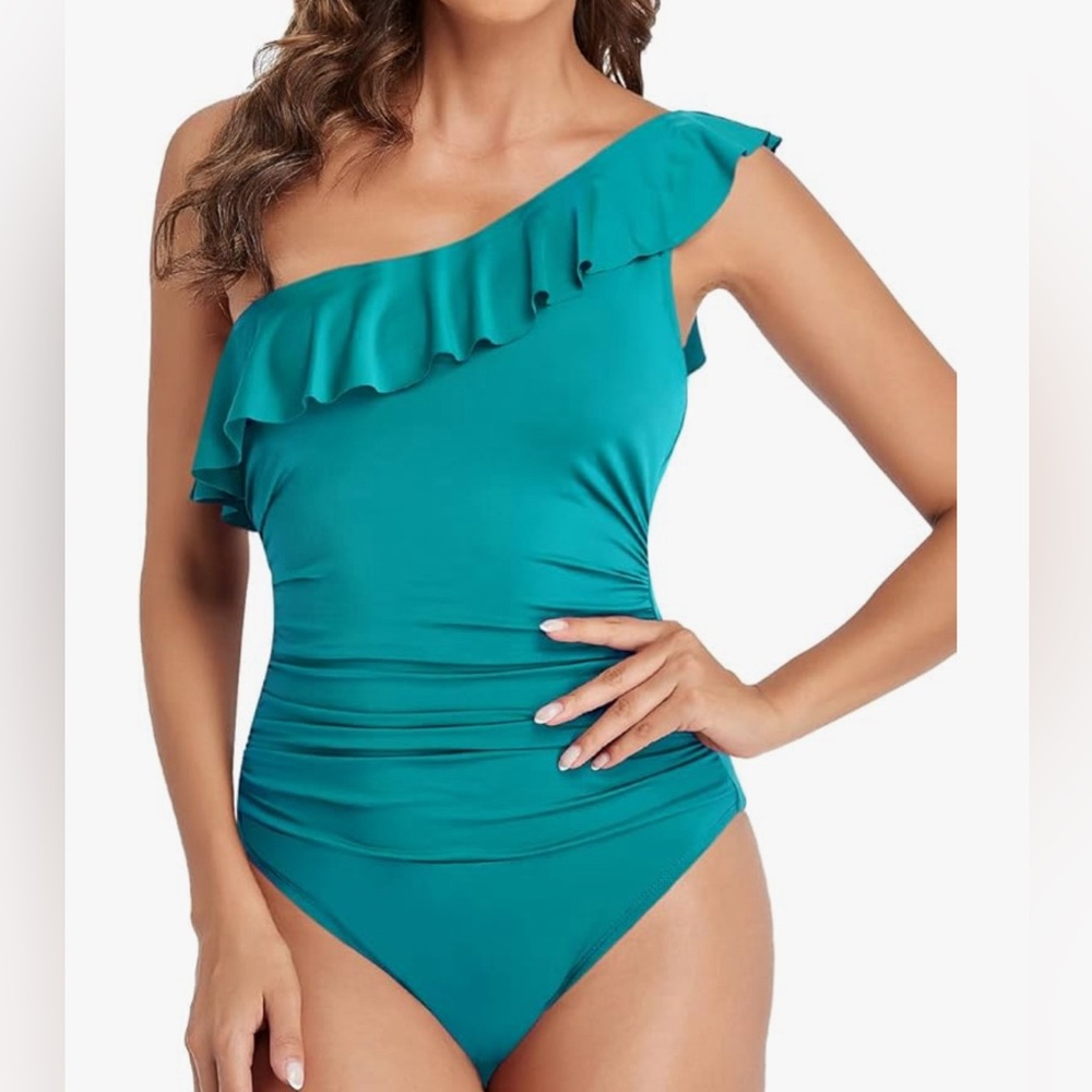 One Shoulder Bathing Suit with Asymmetric Ruffle
